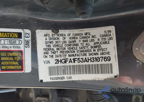 2010 Honda Civic Lx z USA, uszkodzony, nr VIN 2HGFA1F53AH310769